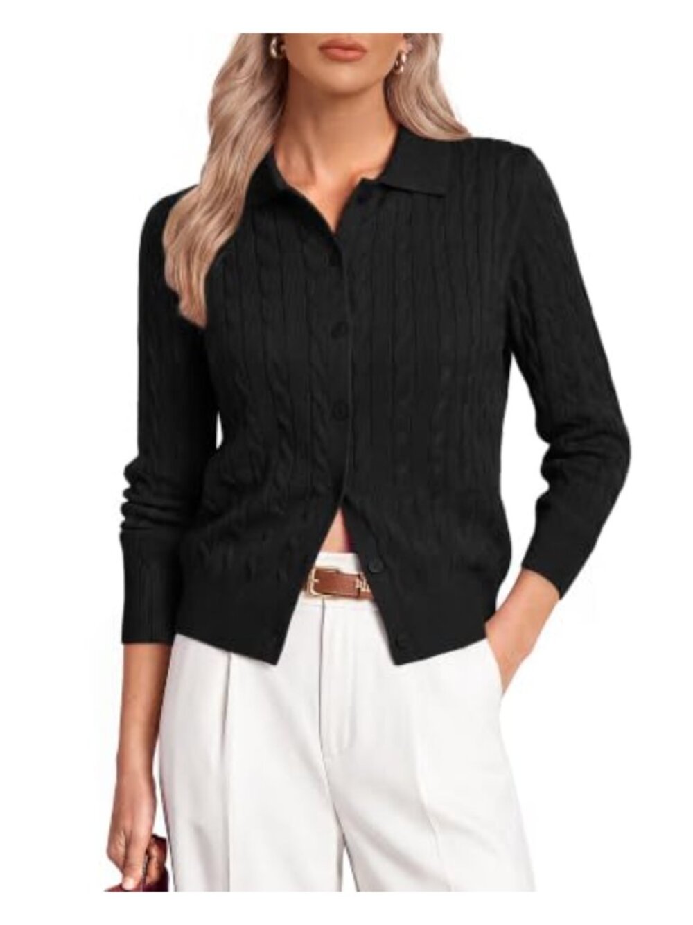 Women's Button Down Lapel Collar Cable Knit Cardigan Long Sleeve Sweater
